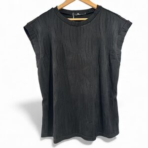 Wavy pattern blouse capped sleeve large Black Top NEW stretch